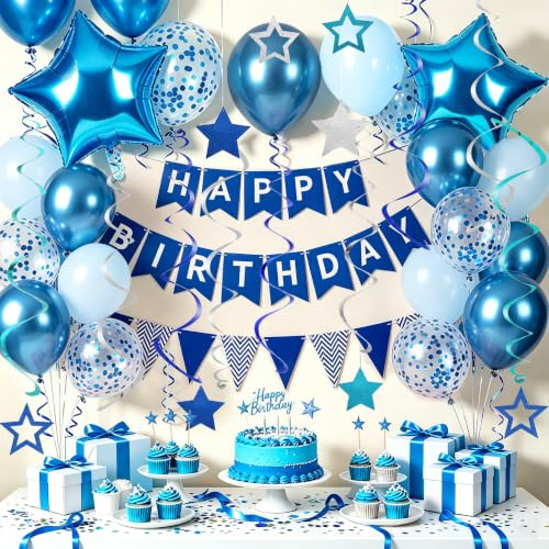 Blue Birthday Decorations, Happy Birthday Banner and Blue Star Balloons, Glitter Hanging Stars with Hanging Swirls, Bunting Banner, for Women Men Boys Party Decoration