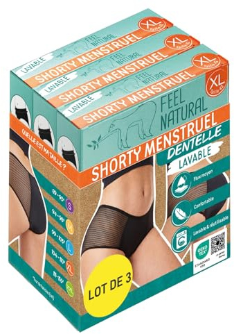 Feel Natural - Pack Culottes Shorty Menstruelles Dentelle - Sous Vêtement Femmes Noir, Culotte Regle Lavable Anti Fuite - Confort Hygiénique, Protection Absorbante - Flux Moyens - Taille XL