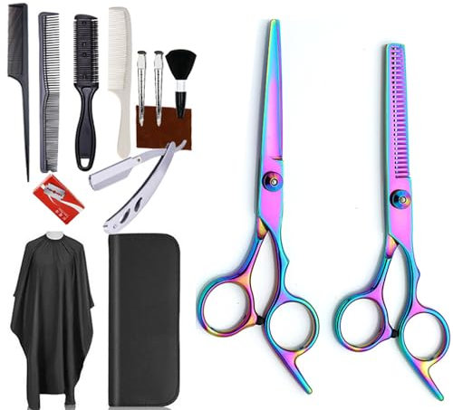 Forbici Parrucchiere,Forbici Per Sfoltire i Capelli,Forbici Capelli,14 Capelli Professionali in Acciaio Inox, con Mantello da Barbiere, Pettine e Clip per Uomini, Donne, Bambini (Colorato, 14PCS)