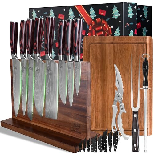FULLHI Coffret cadeau de 13 couteaux avec bloc à couteaux magnétique, planche à découper, ciseaux de cuisine, fourchette et aiguiseur pour des couteaux de cuisine à offrir (Café-bois)