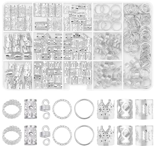 Etercycle Lot de 262 bijoux de cheveux pour tresses, dreadlocks, perles, dreadlocks, accessoires de cheveux, anneaux réglables pour femmes et filles (argenté)
