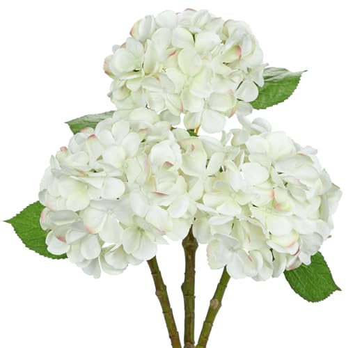 Hollyone Hortensia konstgjorda blommor, 3 st | 48 cm falska blommor silke hortensior med 15 cm stora blommor, realistisk grädde vita fuskblommor för blomsterarrangemang, bordsuppsatser, bröllop