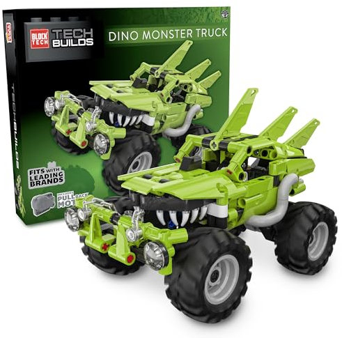 Block Tech Build Your Own Monster Truck | 307 Piece Dino Monster Truck Set With Pull Back Motor & Moving Parts | The Ultimate Gift For Boys Aged 6 Plus