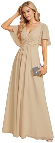 Ever-Pretty Vestito Donna Elegante Scollo a V Maniche a Volant Stile Lungo Abito Cerimonia Donna Champagne 42
