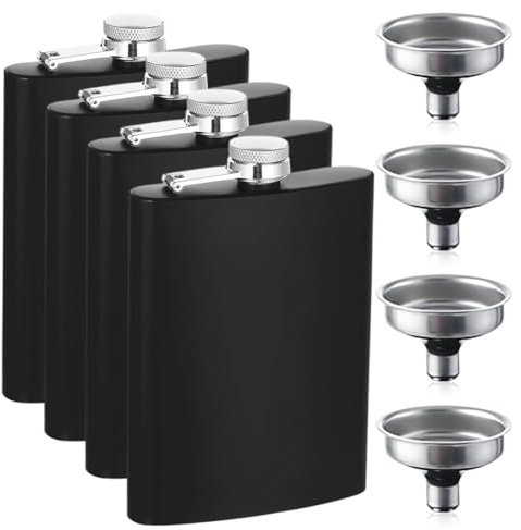 Wapasezyar 4 fiaschette in acciaio inox con imbuto, fiaschetta da 227 ml, colore nero, adatte per il trasporto di alcol e liquori, set di bottiglie portatili per uomini e donne