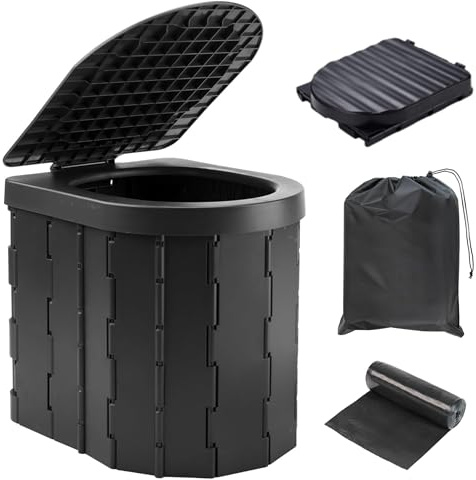 Generico WC Portatile da Campeggio, 28x33x30 cm, capacità 250 kg, Leggero 1,4 kg, con Sacca da Trasporto, Nero