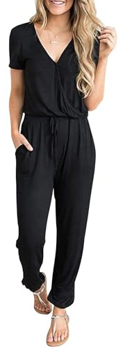 CLOUSPO Women Ladies Playsuit Jumpsuits Dungarees for Women Casual Short Sleeve Adjustable Waistband Romper with Pockets (Black, L)