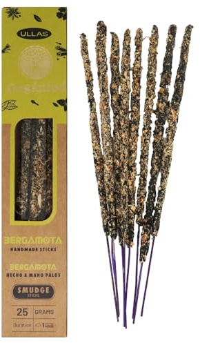 Ullas - Incenso Bastoncini Naturali al Bergamotto, Fatti a Mano in India, Lunga Durata 60min, 9-10 Bastoncini, 25 Grammi