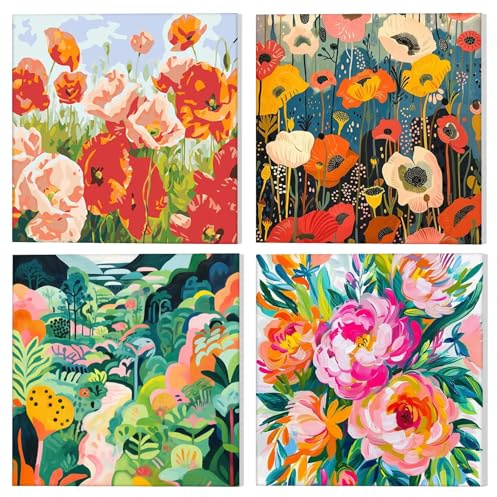 NAIMOER 4 Pack Framed Paint by Numbers Flowers for Adults Kids, DIY Colorful Flowers Painting by Numbers for Boys Girls, Easy Art on Canvas Gifts Home Wall Decor 8x8in