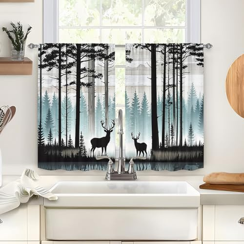 Odot 2 Paneele Bistrogardine, Scheibengardine Küchengardinen mit Stangendurchzug, Vorhänge Wohnzimmer, Natürliche Landschaft Gardinen Kurz für Küchen Esszimmer Badezimmer (Elch,60x45cm)