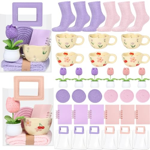 6 Sets Bulk Gifts for Women with Homemade Knitting Tulip Potted Plants Mugs Fluffy Socks Coasters Notebook, Unique Birthday Gift, Galantines Day Gifts, Party Favors, Group Gift, Self Care Baskets