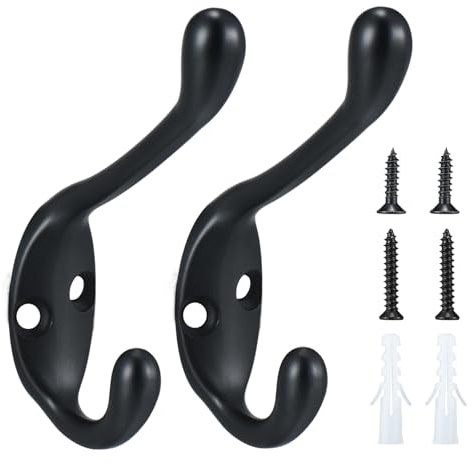 Jukzi Coat Hooks 5 Pack-Heavy Duty Wall Mounted Matte Black Door Hooks Double Prong Hooks for Hanging Clothes/Towels/Key-Suitable for Bedroom/Bathroom/Entryway and Replaced