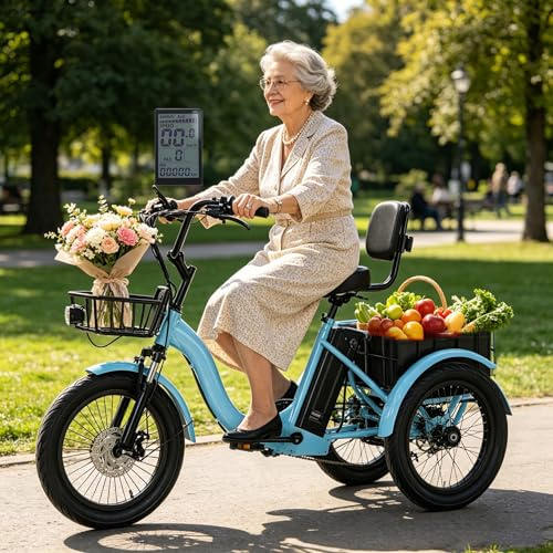 ZhouBSM Triciclo para Adultos con Neumáticos Anchos De 18x3 Pulgadas - Fácil Ascenso En Pendientes De 15°, Triciclo Eléctrico Plegable - 7 Velocidades, 3 Modos De Conducción Blue