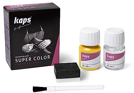 Kaps professional leather colour “Super Color” and “Preparer” for natural leather, synthetic and textile (25 ml each) for the care and repair of leather shoes, assorted colours Gelb 107