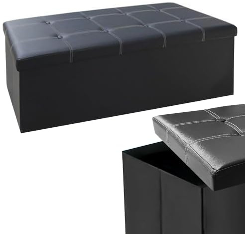 BARGAINS-GALORE Large Triple Black Ottoman Faux Leather Bench Stool | Folding Seat Footstool Chest Foldable | Storage Box Foot With Lids For Kids Toys, Bedroom, Hallway, Living Room (Triple, Black)