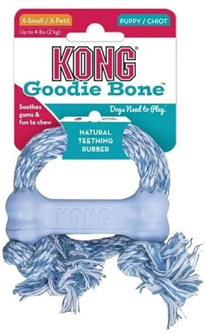 KONG Puppy Goodie Bone mit Seil – Zahnungsspielzeug für Welpen aus weichem Kautschuk – Hundespielzeug zur Zahnreinigung – für sehr kleine Hunde & Welpen bis 2 kg – rosa/blau