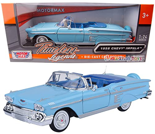 1958 Chevrolet Impala Convertible, Blue - Motormax Premium American 73267 - 1/24 Scale Diecast Model Car, unisex-children