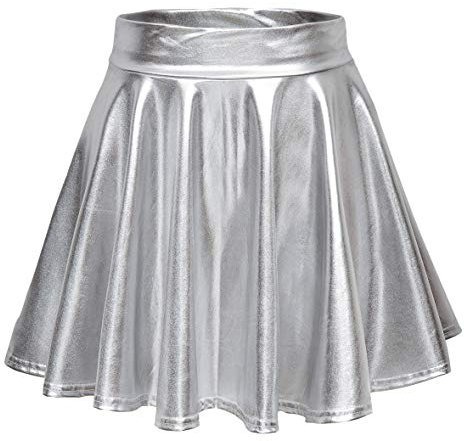 Damen Glänzend Höhe Taille Liquid Mini Rock Metallisch Elastische Taille A-Linien Pull On Skater Röcke (M, Silber)