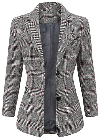 ebossy Giacca Blazer da Donna con Revers Classico e 2 Bottoni, Taglio Boyfriend, Elegante, Motivo Pied-de-Poule a Quadretti, Grigio, Medium