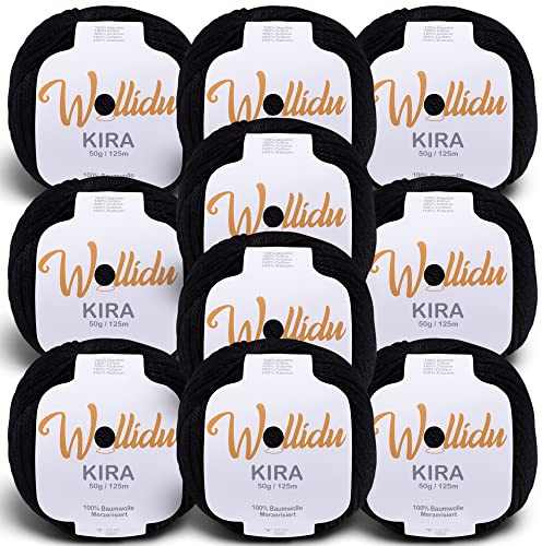 Wollidu Kira 100% Baumwolle zum Stricken und Häkeln 10 x 50g Set Häkelgarn Strickgarn - Schwarz