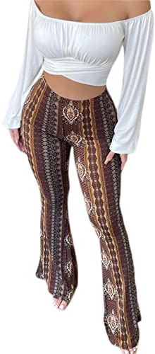Pantalon extensible taille haute pour femme - Jambe large - Coupe droite - Imprimé floral rétro - Pantalon palazzo, marron, L