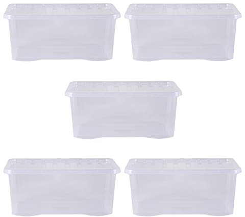 Wham Crystal 5 x 45L Stackable Plastic Storage Boxes with Lids | Ideal for Home, Office, Toys & More | Large Boxes | Made in UK - Clear