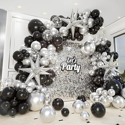 255pcs Black and Silver Balloons Garland Arch Kit with Explosion Star Balloon, Metallic Sliver and Black Balloons for Birthday Graduation Baby Shower Disco New Years Party Decorations