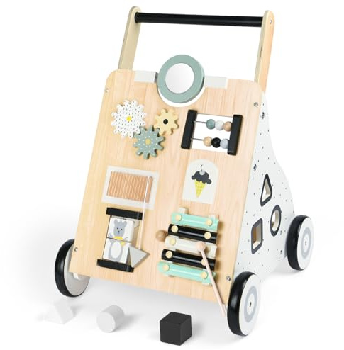 Aolso Trotteur en bois avec roulettes, 2-en-1Chariot Multi-Activités en Bois, Motricité, Développement cognitif, Design naturel confortable, Apprentissage de la Marche - Dès 12 mois