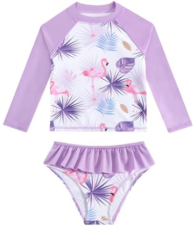 JiAmy Traje de baño de dos piezas para niñas, traje de baño de manga larga con protección solar UV, traje de baño para niños de 3 a 9 años, Flamingo rosa, 6-7 años