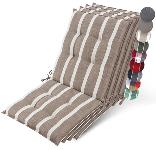Beautissu Set 4 Premium Cojin Silla Jardín con Respaldo Bajo 100x50cm Sun-NL – Resistencia UV 8cm Grosor Acolchado Cojín Exterior con Respaldo Antideslizante – Rayas Beige Blanco