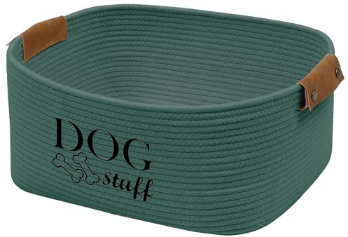 Geyecete-Cestino portaoggetti per giocattoli cani intrecciato in corda di cotone,Con manico in pelle,Portatile Cesto portaoggetti per giocattoli et vestiti/accessori per cane/gatti-verde