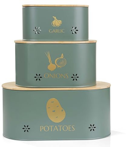 Crystals Potato Onion Storage Box, Food Container Sets, Storage Canisters for Vegetables, Set of 3 Jars Pots Containers, Potato Onion Garlic Bin with Aerating Tin Storage Holes & Wooden Lid (Grey)