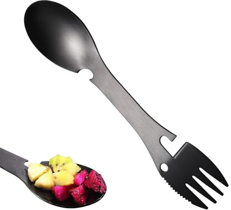 Multifunctional Spork Stainless Steel, 5 in 1 Portable Spoon Fork Travel Cutlery Camping Spork Bottle Can Opener Outdoor Spoon Fork Eating Multi-Tool Utensil (Black)