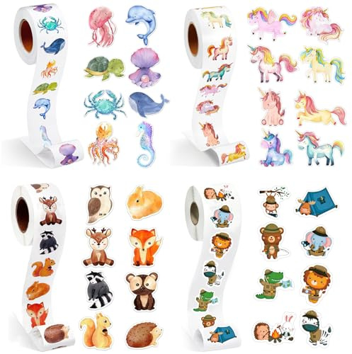 WEDAMOO 2000 Animales Pegatinas Rollo, Pegatinas De Recompensa Animale, Redondas Animales Stickers, 32 Diseños Recompensa Del Maestro Stickers para Scrapbooking Regalos Escuela DIY(4 Rollos)
