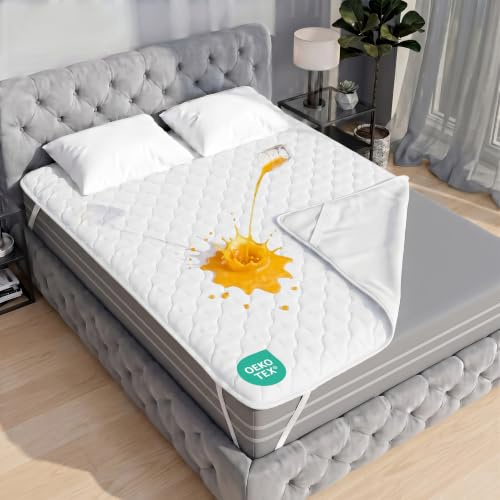 Vattentatt Quiltat Madrasskydd Madrassbadd Topper 160x200 cm | Vattentätt madrasskydd med vaddfyllning och elastiska band, hotellkvalitet, nyfiber, Oeko-Tex-certifierat av Utopia Bedding
