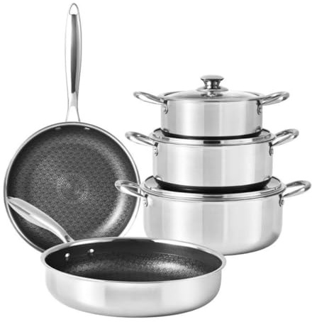 HexPro 8-Piece Stainless Steel Cookware Set, Diamond Honeycomb Bottom Nonstick Pots and Pans, Glass Lid Kitchen Set, Induction and Gas Compatible