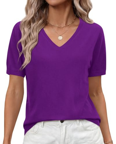 Elesomo Pull d'été en tricot à manches courtes et col en V pour femme