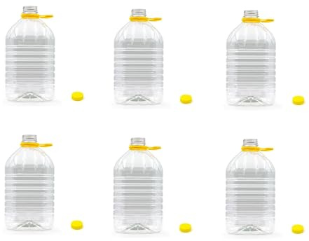 mille idee Set 6 Dame Dama Pet da 5 Litri – Bottiglioni in Plastica Trasparente con Tappo Giallo – Contenitori Resistenti per Acqua, Vino, Olio, Succhi e Alimenti – Leggeri, Sicuri e Riutilizzabili