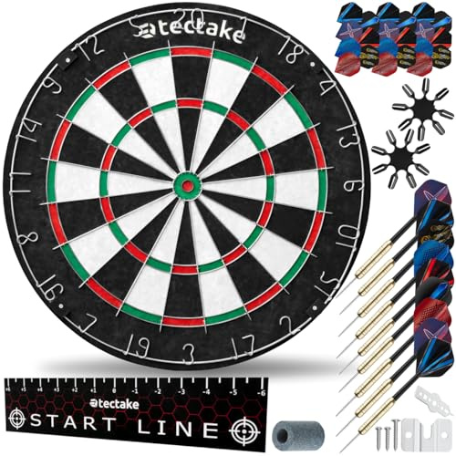 tectake® Jeu de fléchettes standard, Cible flechette en sisal, 9 fléchettes Pointe métal, 21 ailettes, 16 protège ailettes, Taille fléchette, Matériel de montage, Ligne de départ, Jeu de flechette Pro