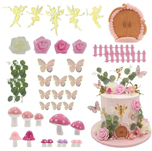 DIELOVEHUA 40 Pezzi Decorazione Torta Fata, con Farfalla, Fiore, Fungo, Decorazione Torta delle Fate, Adatte per Compleanni, Feste a Tema Fiaba, Tè Pomeridiano e Matrimonio