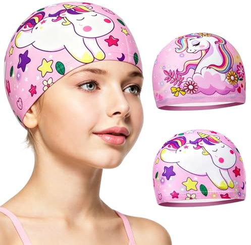 WUMZIRA 2 Piezas Gorro Piscina Niña y Bebé, Gorros de Natación de Tela de Poliéster Suave con Diseño de Unicornio y Caballo Arcoíris, Gorro de Baño Infantil Cómodo para Pelo Largo y Corto, Rosa