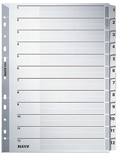 Leitz Index for A4, Cover Sheet and 12 dividers, tabs with Numbers Print 1-12, Perforated Edge and Colourful tabs Film-Reinforced (Mylar), Grey, Cardboard, 43250000