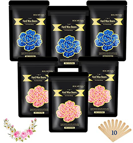 Bouvetan 1.3Lb/21oz Wax Beads for Brazilian, Eyebrow, Face, Bikini, Legs, Arms Waxing - 6 Packs with 10 Wax Spatulas for Women and Men