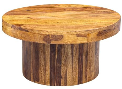 FineBuy Couchtisch Sheesham Massivholz rund Ø 60 cm, Höhe 30 cm – Wohnzimmertisch im Monolith/Drum Design mit Säulenfuß – Handgefertigter Echtholz Tisch modern & stabil Braun