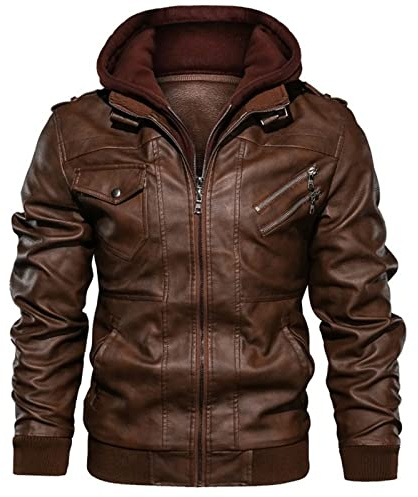 Veste de Moto en Similicuir Homme Blouson Classique avec Capuche Marron M