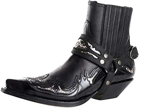 Stivali da moto da uomo Western Cowboy Stivaletti Retro a punta tacco basso in pelle Stivali da motociclista Stivali Hort Stivali da cavallo, Nero 01, 43 EU