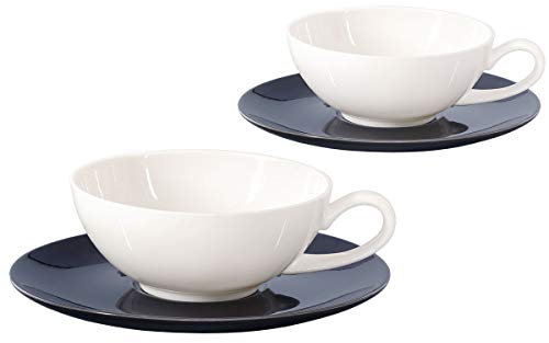 Buchensee Teetassen Set Lena aus Crystal Bone China Porzellan. 2 Tassen je 200ml mit Untersetzer in stilvoll-modernem Schwarz-Weiß-Design