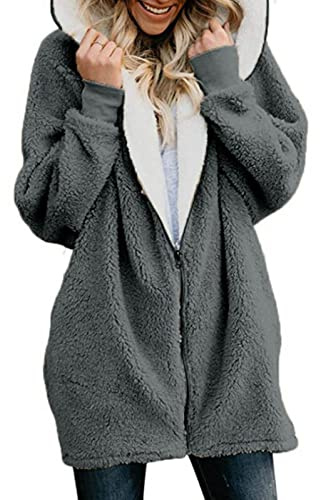 Xnova Women Oversized Hoodie Teddy Fleece Winter Coats Cardigan Full Zip Up Hooded Long Sleeve Warm Coat Sherpa Outwear with Pockets Ladies Fuzzy Solid Tops(Dark Gray,XL)