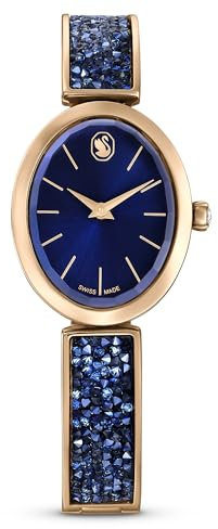 Swarovski Crystal Rock Oval Uhr, Schwarze Damenuhr mit Edlem Zifferblatt, Swarovski Kristallen und Verstellbarem Metallarmband