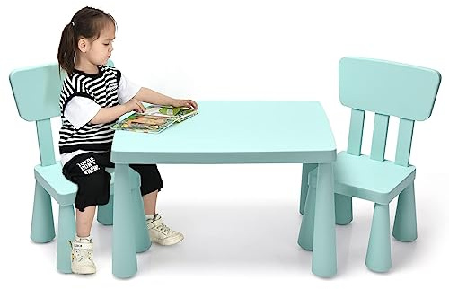RELAX4LIFE Mesa y Silla Infantil de PP, Mesa Infantil con 2 Sillas, Respalda Ergonómica y Bordes Redondeados para Escribir, Leer, Jugar y Comer, Mesa Infantil con Sillas para Niños 1-7 Años (Verde)